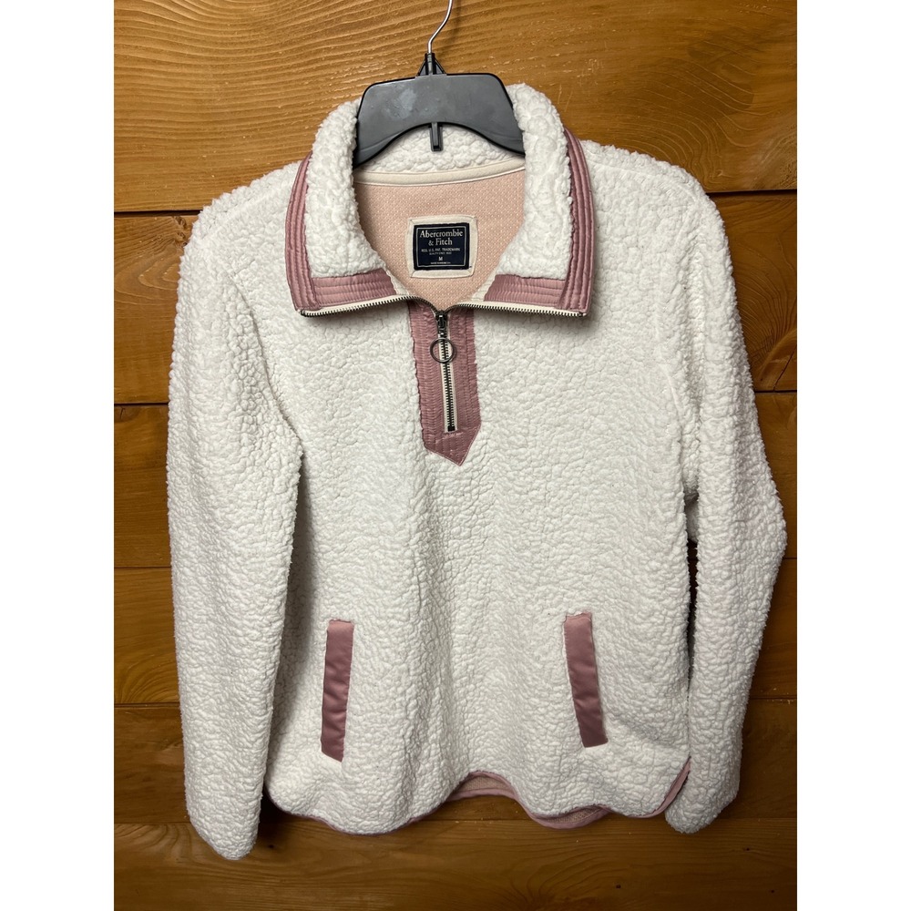 Abercrombie Fitch 1/4 zip Sherpa Fleece Pullover White Pink Trim Women's Md Y2K